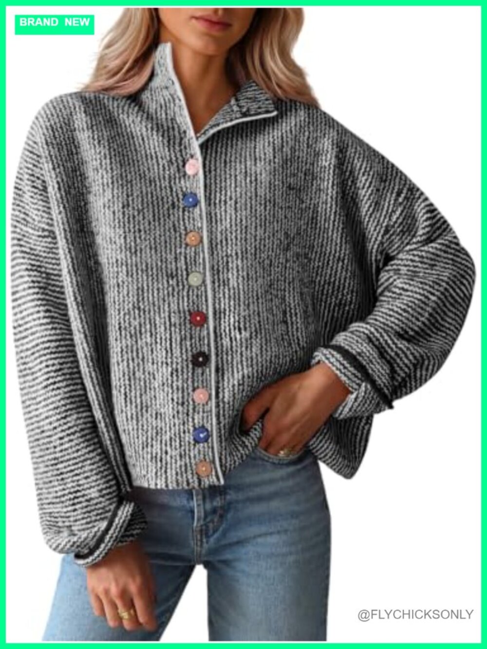 Chunky Knit Striped Cardigan with Colorful Buttons Long Sleeve Stand Collar